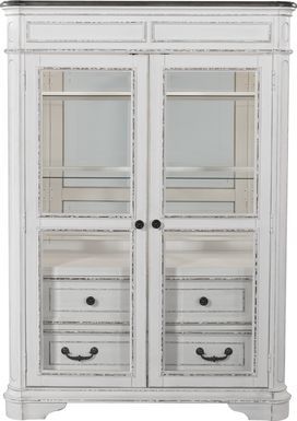 an antique white armoire with glass doors and drawers on the bottom, in front of a white background