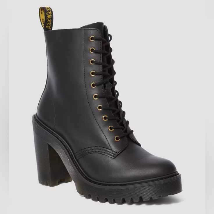 Dr. Martens Kendra Women's Leather Heeled Boots Size Us 5 Uk 3 Winter Leather Lace-up Boots With Stacked Heel, Black Leather High Ankle Heeled Boots, Black Leather Heeled Boots With Reinforced Heel, High Heel Leather Footbed Boots For Fall, Black Leather Block Heel Lace-up Boots, High Heel Leather Boots For Fall, High Heel Boots With Leather Footbed And Medium Width, Leather High Heel Lace-up Boots With Stacked Heel, Leather High Heel Moto Boots With Reinforced Heel