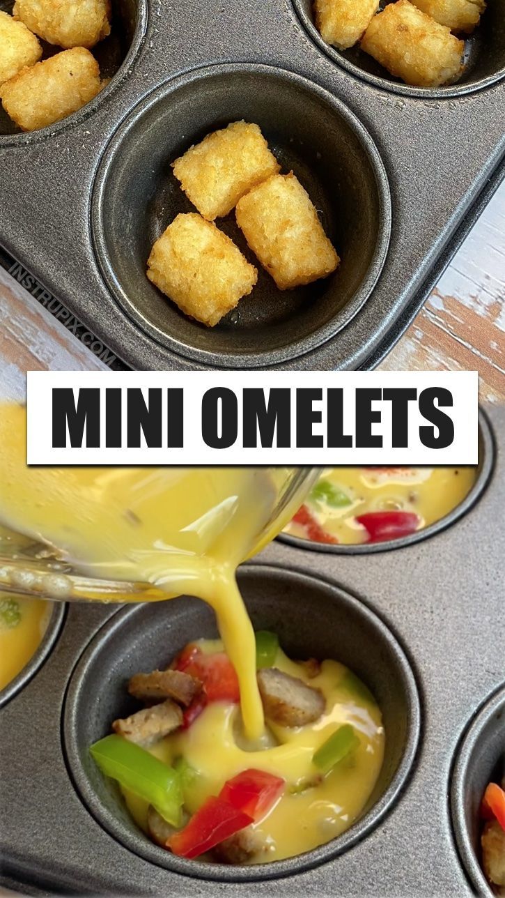 mini omelets in muffin tins with sauce being poured over them and on top