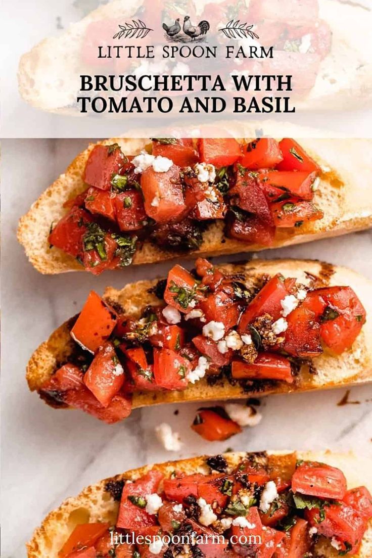 three pieces of bread with tomatoes and feta cheese on top, sitting on a marble surface