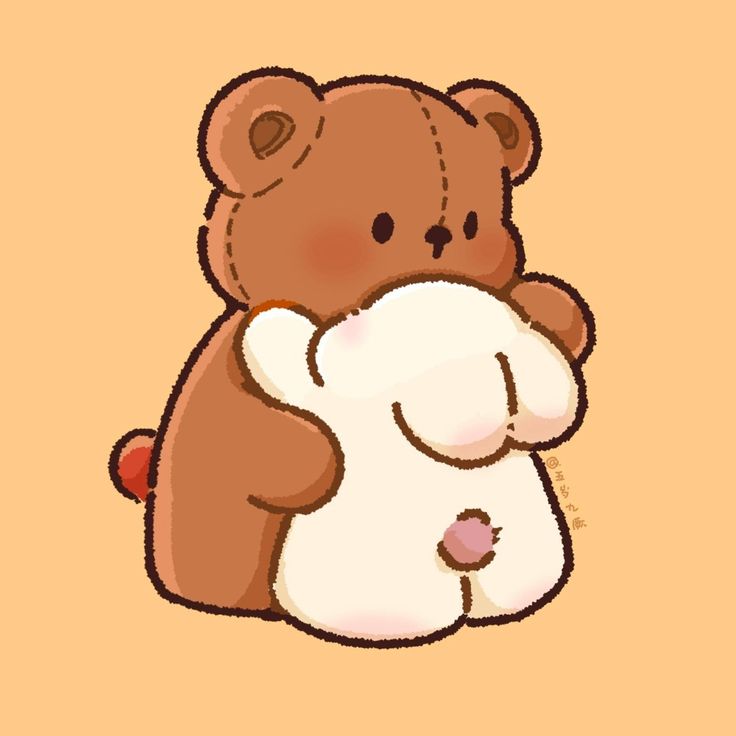 a brown teddy bear hugging a white stuffed animal on top of it's back