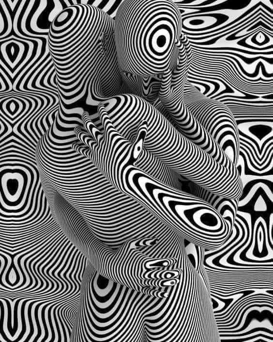 an abstract black and white pattern with wavy lines in the center, resembling distorted shapes