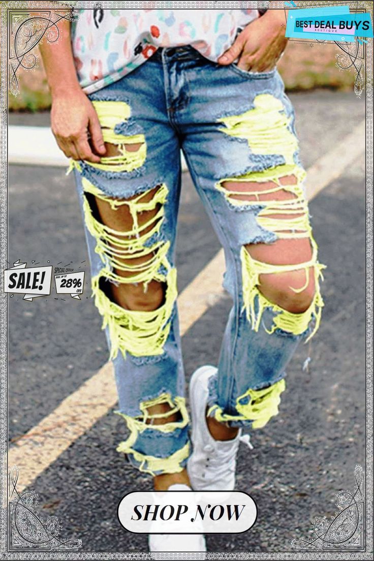 Yellow Ripped Sexy Jeans Diy Distressed Jeans, Army Green Blouse, Green Denim Jacket, Yellow Denim, Moda Jeans, Trendy Fashion Outfits, Yellow Fashion, Bottom Clothes, Straight Pants