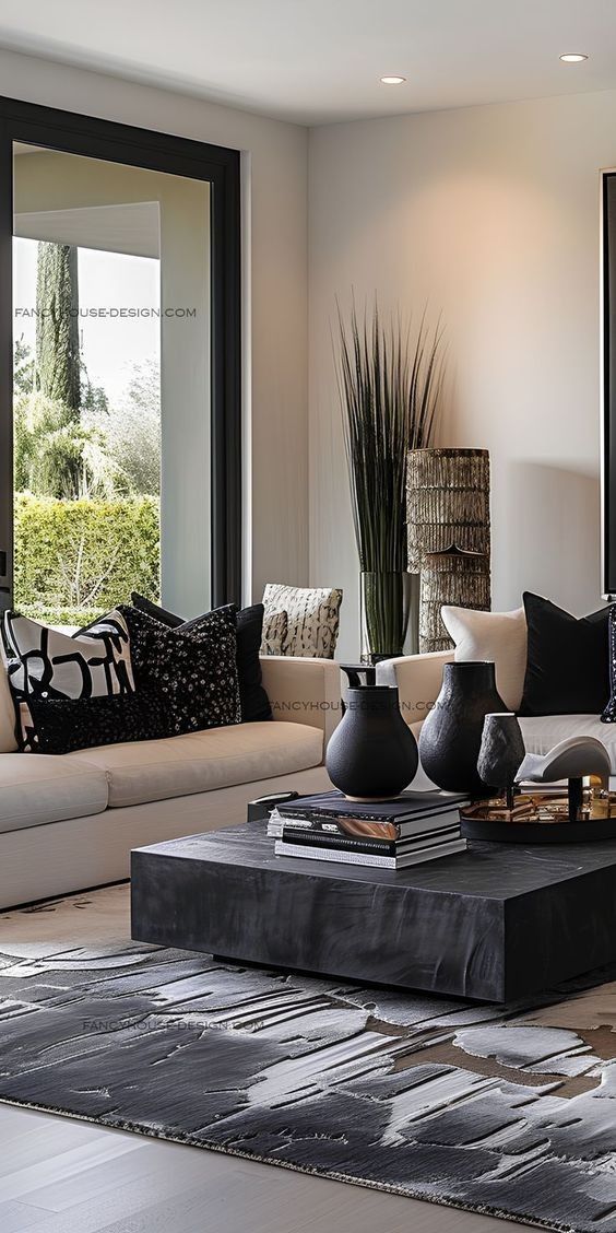 a living room filled with lots of furniture next to a large window and a painting on the wall