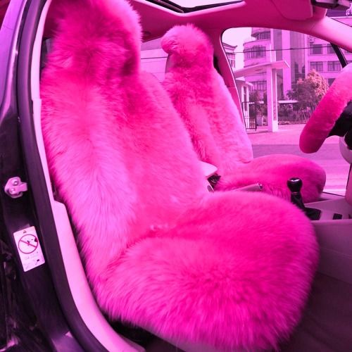 the interior of a car with pink fur