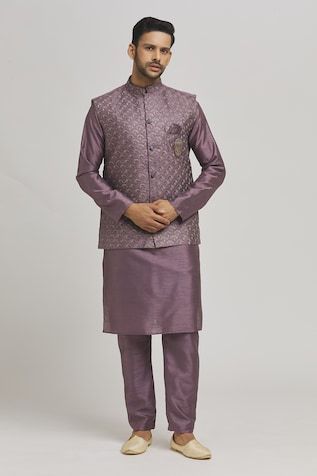 Purple bundi with thread embroidered peacock patterns and sequin work embellishments. Comes with inner kurta and pant. - Aza Fashions Festive Chanderi Nehru Jacket For Designer Wear, Chanderi Nehru Jacket For Designer Wear And Festive, Festive Designer Wear Chanderi Nehru Jacket, Chanderi Nehru Jacket With Zari Work For Eid, Festive Designer Nehru Jacket With Chikankari Embroidery, Elegant Chanderi Nehru Jacket With Pallu, Elegant Chanderi Nehru Jacket For Festive Occasions, Fitted Chanderi Bandhgala For Reception, Navratri Chanderi Bandhgala With Dori Work