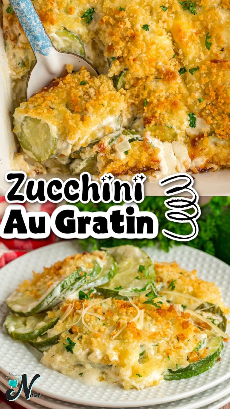 zucchini and artichoke casserole is shown in two different images