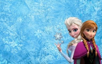 two frozen princesses standing next to each other in front of a blue background with snow flakes