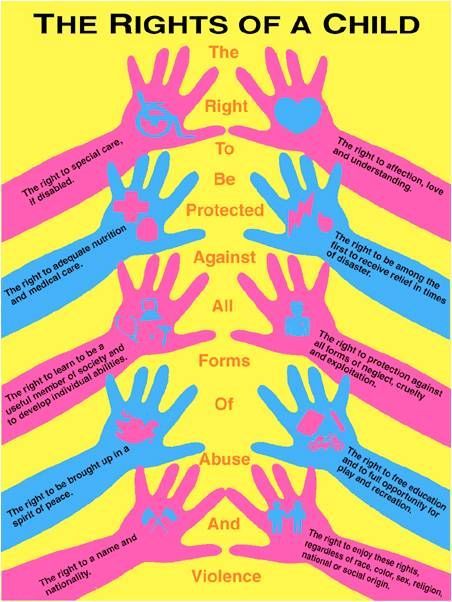 the rights of a child poster with hand prints on yellow and pink stripes, in different colors