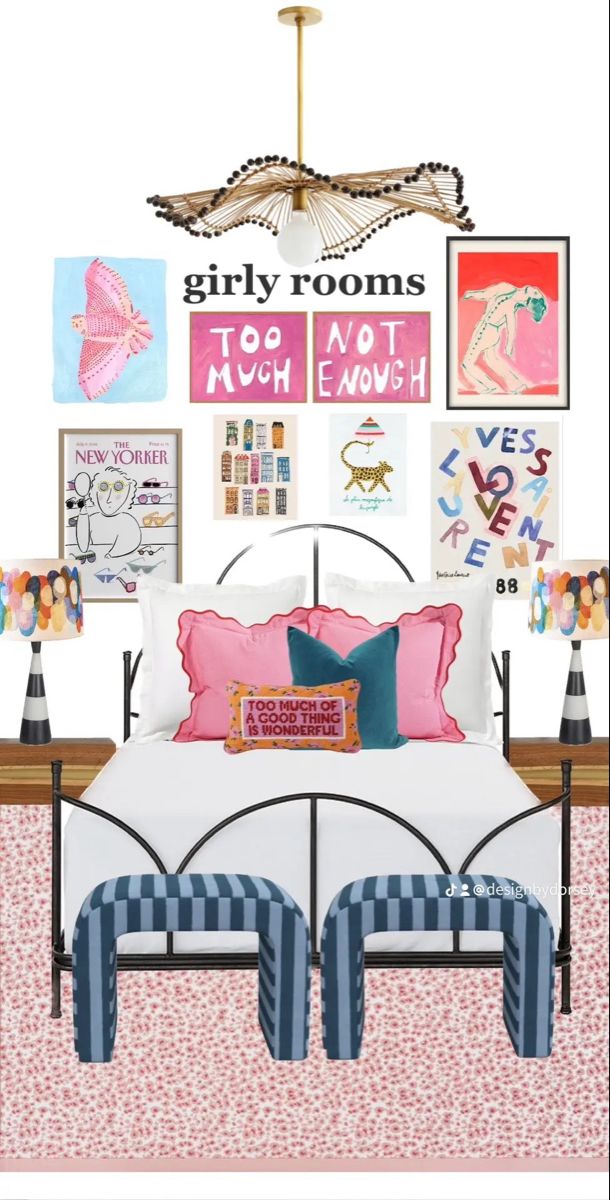 a bedroom with pink, blue and white bedding and pictures on the wall above it