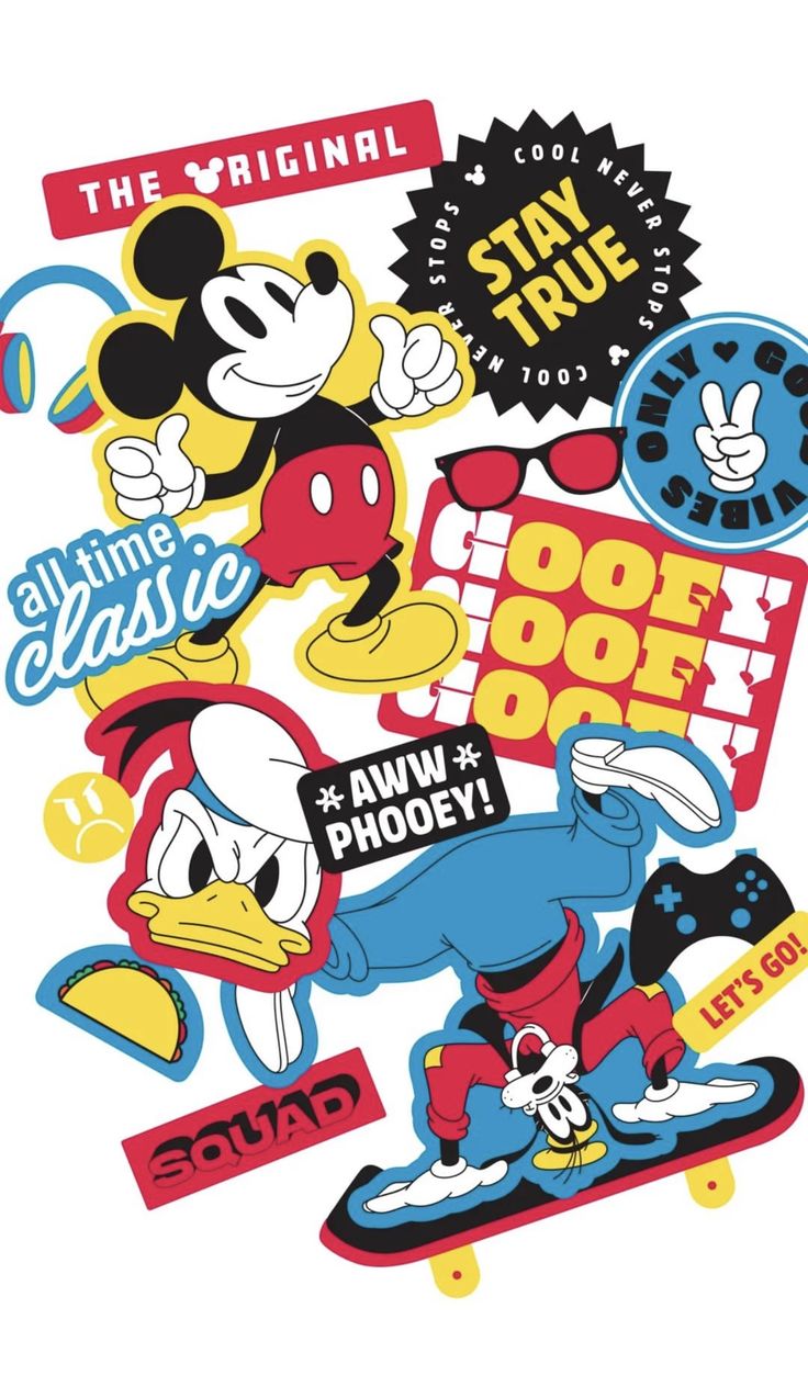 mickey mouse stickers are on top of a skateboard