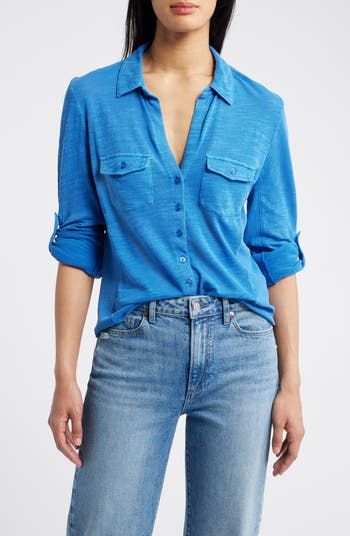 Caslon® Roll Tab Knit Shirt | Nordstrom Petite Tops, Knit Shirt, Knit Cotton, Chest Pocket, Knit Jersey, Button Up Shirts, Top Shirt, Rolls, Cotton Blend