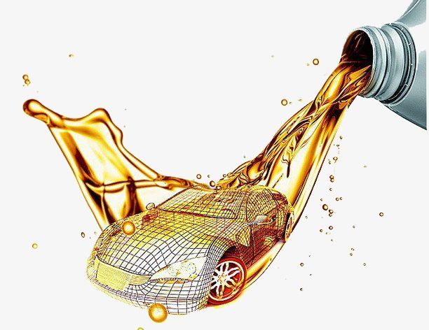 an orange liquid pouring out of a bottle into a car's body, with the hood up