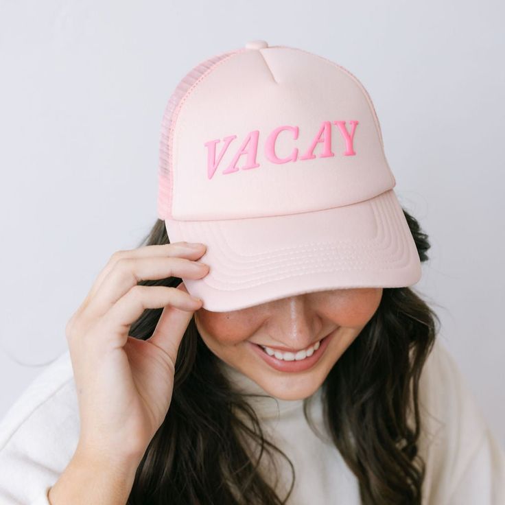 Get ready for endless summer vibes with our Pink Vacay Trucker Hat! This hat is playful with its hot pink, puff letters that scream "it's time for a VACAY!" Perfect for your next getaway, it’s the ultimate accessory for fun in the sun. Bright, bold, and beach-ready! Sarong Dress, Travel Cubes, Candle Bar, Summer Gifts, Pool Days, Beach Ready, Fun In The Sun, Dress Hats, Dress Cover