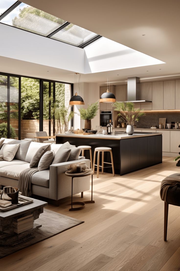 a living room filled with furniture next to a kitchen and an open floor plan on top of a hard wood floor