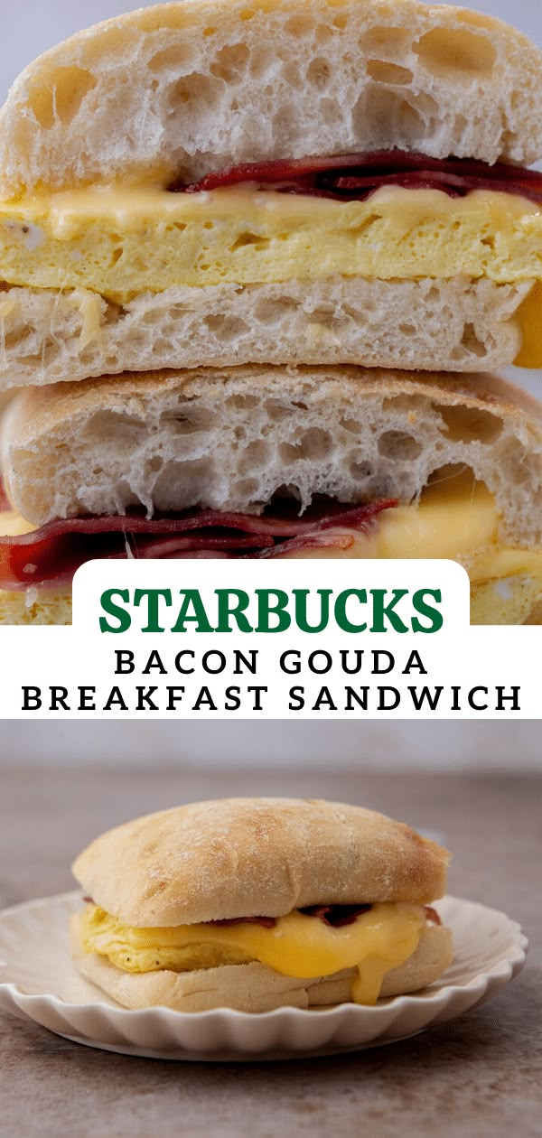 two sandwiches stacked on top of each other with the words starbucks bacon gourmet breakfast sandwich