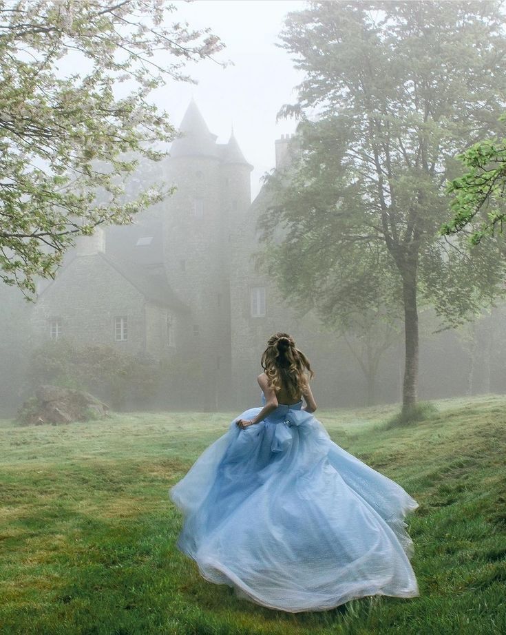 a woman in a blue dress is walking through the foggy grass with her back to the camera