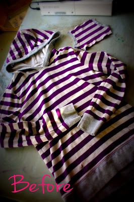 the shirt is purple and white with black stripes on it, but no hoodie