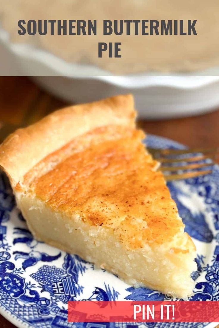 a slice of southern buttermik pie on a blue and white plate