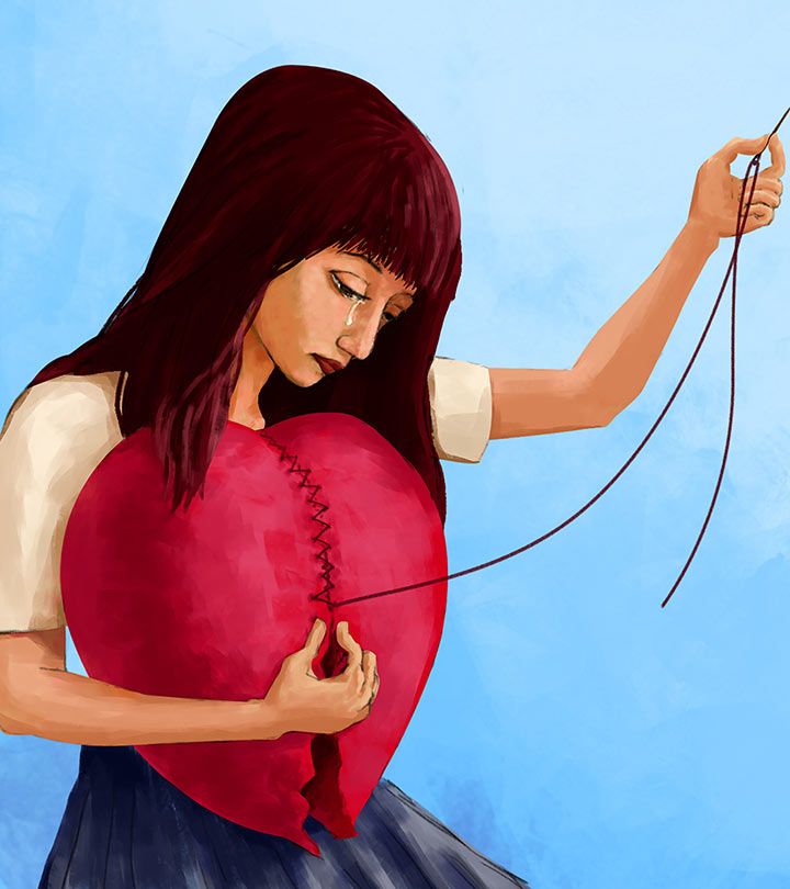 a painting of a girl holding a red heart and threading it with her hands