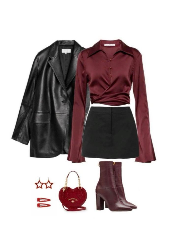 Red Top With Black Skirt, Wine Red Outfit Aesthetic, Cherry Red Top Outfit, Maroon Red Outfit, Red And Black Casual Outfit Ideas, Red Silk Top Outfit, Red Concert Outfit Ideas, Edgy Academia Outfits, Dark Red Top Outfit