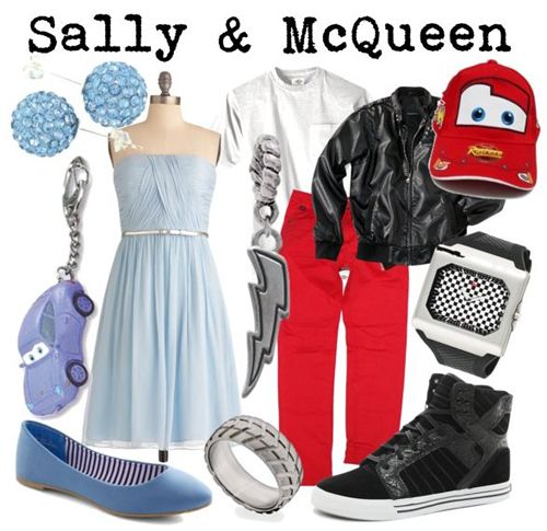 some clothes and accessories are arranged on a white background with the words sally & mcqueen