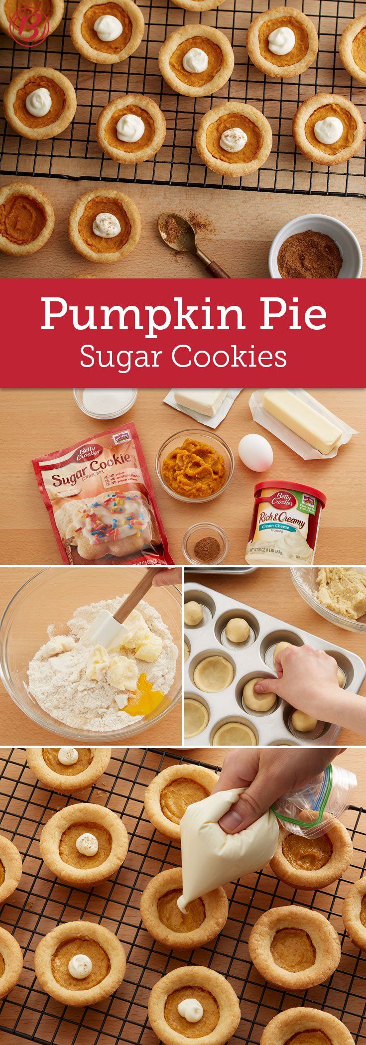 pumpkin pie sugar cookies on a cooling rack with ingredients and instructions to bake them