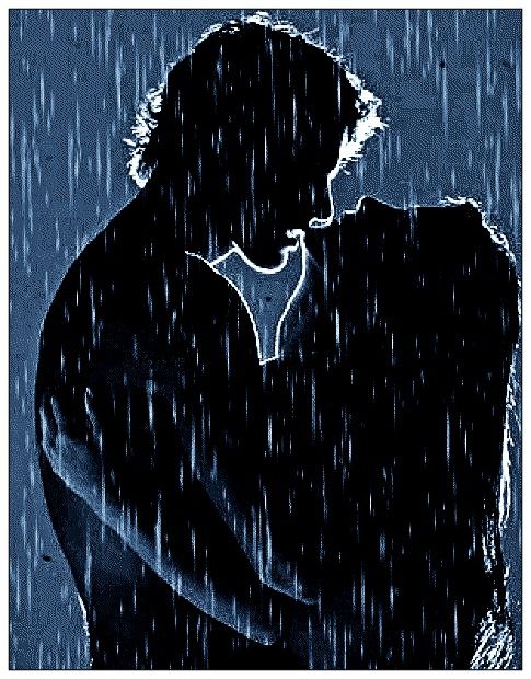 a man and woman kissing in the rain with their arms around each other, silhouetted against a blue background