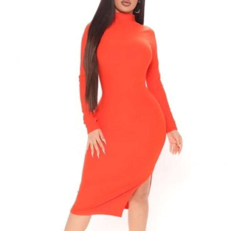 Midi Dress Mock Neck Long Sleeve Side Slit Stretch 60% Rayon 35% Polyester 5% Spandex Brand New - Never Worn Red Long Sleeve Midi Dress, Red Midi, Mock Neck Long Sleeve, Red Midi Dress, Lady In Red, Mock Neck, Midi Dress, Spandex, Womens Dresses