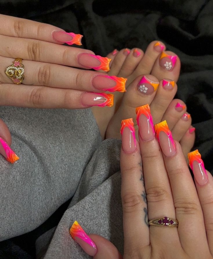 Nail Inspiration Multicolor, Pink And Orange Ombre Nails Art Designs, Pink Orange And Gold Nails, Orange And Teal Nails Summer, Nail Ideas Orange And Pink, Vibrant Nail Ideas, Royal Blue And Orange Nails, Holiday Nail Designs Summer, Sunset Aura Nails