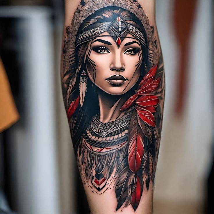 Warrior Women Tattoo, Native American Tattoo Art, Native American Warrior Tattoos, Indian Women Tattoo, Cherokee Tattoos, Tattoo Indian, Azteca Tattoo, 30 Tattoo, Native American Tattoo