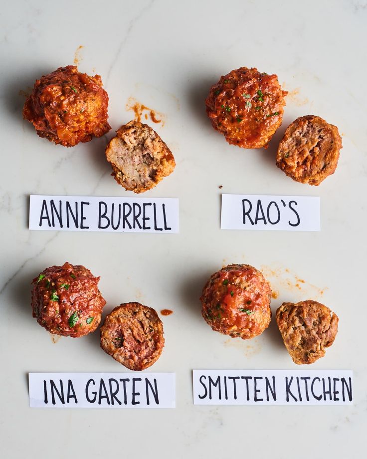 several different types of meatballs with names on them and labeled in small magnets