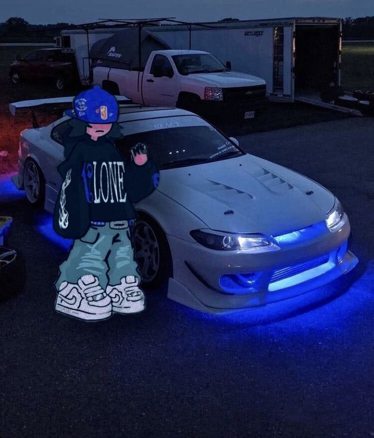 a person standing next to a car with blue lights on it's hoods