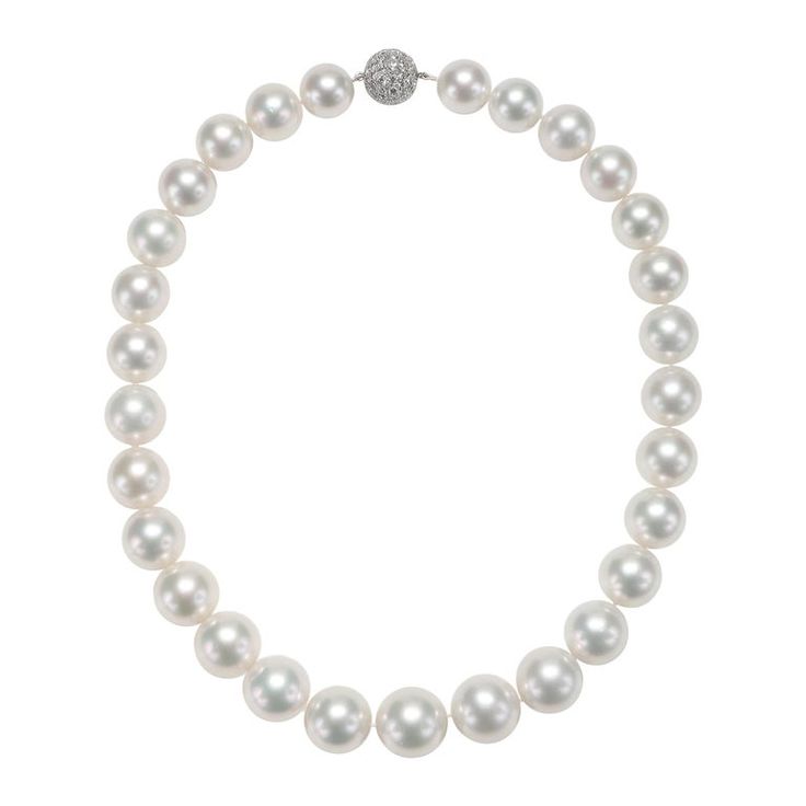 White South Sea Pearl Necklace with 18 Karat White Gold Diamond Pave Clasp | From a unique collection of vintage Choker Necklaces at https://www.1stdibs.com/jewelry/necklaces/choker-necklaces/. Luxury Pearl Necklace With Diamond Accents In Diamond White, Luxury Pearl Necklace With Polished Beads, Luxury Pearl Necklaces With Round Beads, Formal Necklaces With Round High Luster Beads, Formal High Luster Round Bead Necklaces, Formal High Luster Round Beaded Necklaces, Luxury White Pearl Necklace With Sterling Silver Clasp, White High Luster Round Bead Necklaces, White High Luster Round Beaded Necklaces