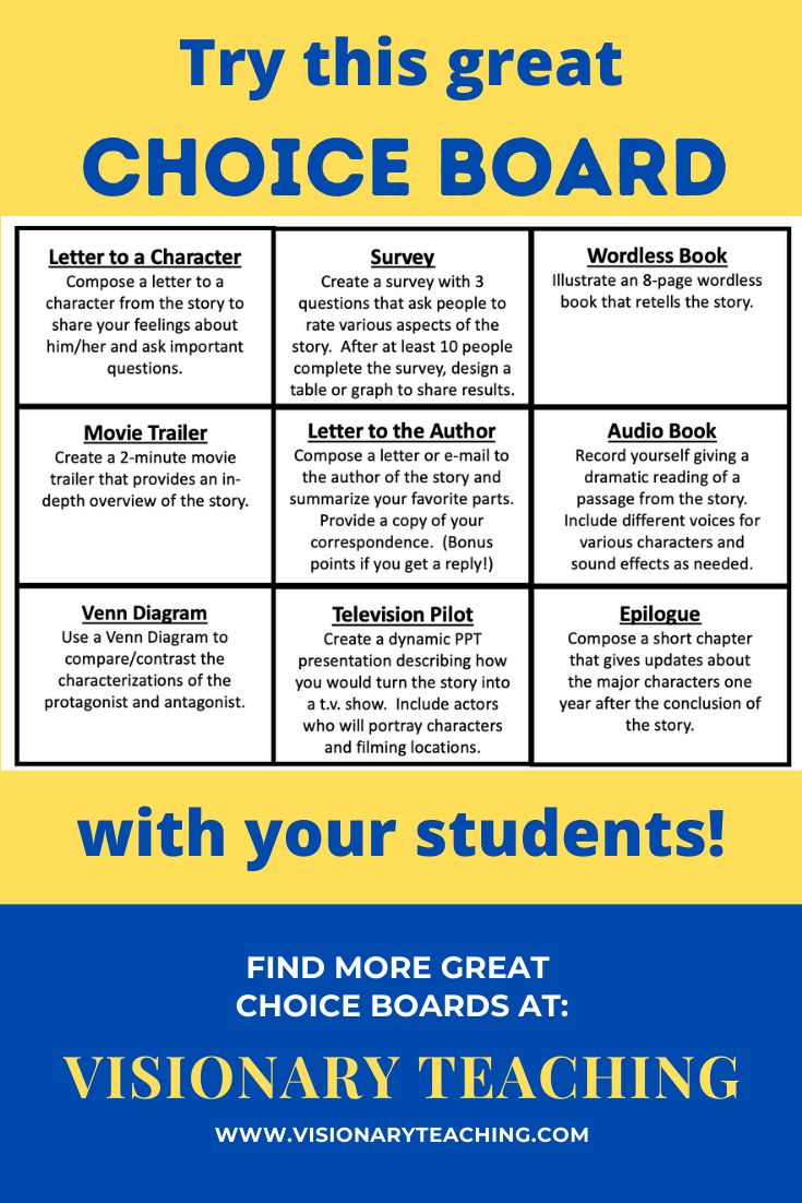 a blue and yellow poster with the words, try this great choice board with your students