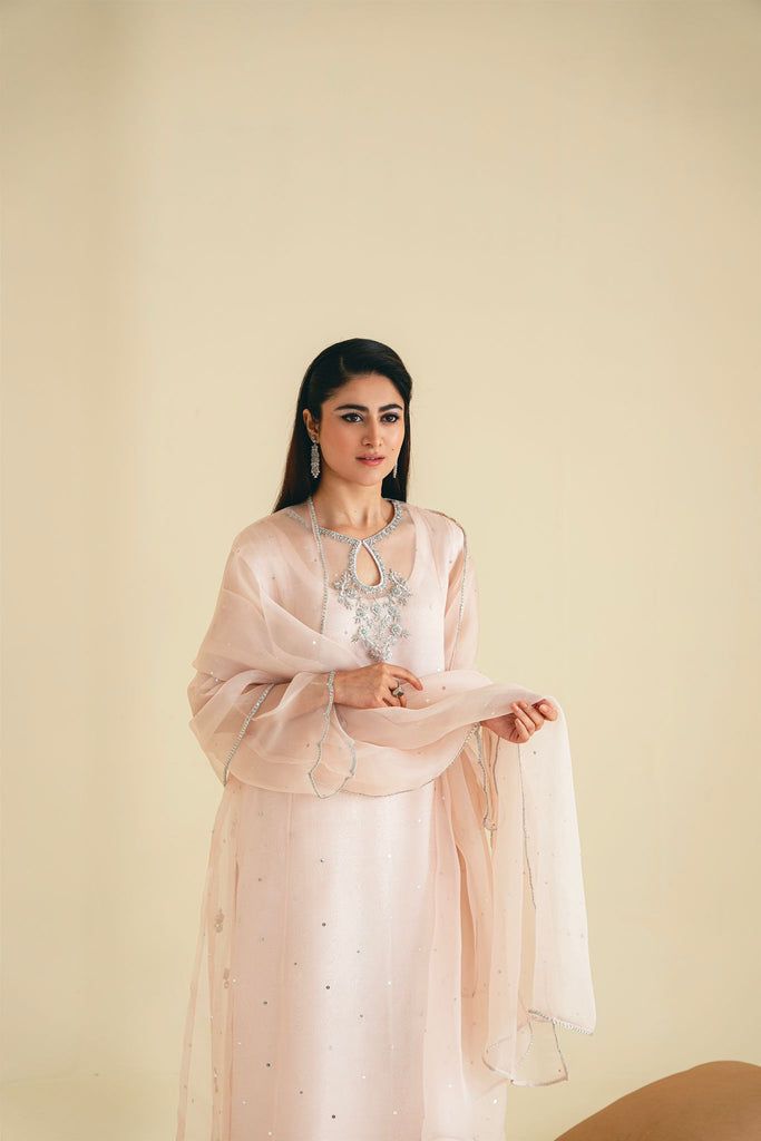 Gina Pink Tissue Silk Churidar With Straight Kurta, Pink Tissue Silk Kurta With Mirror Work, Pink Tissue Silk Churidar For Diwali, Elegant Pink Churidar For Reception, Designer Pink Tissue Silk Churidar, Designer Tissue Silk Pink Churidar, Elegant Pink Churidar With Gota Work, Elegant Pink Chanderi Palazzo Set, Pink Tissue Silk Kurta With Sheer Dupatta