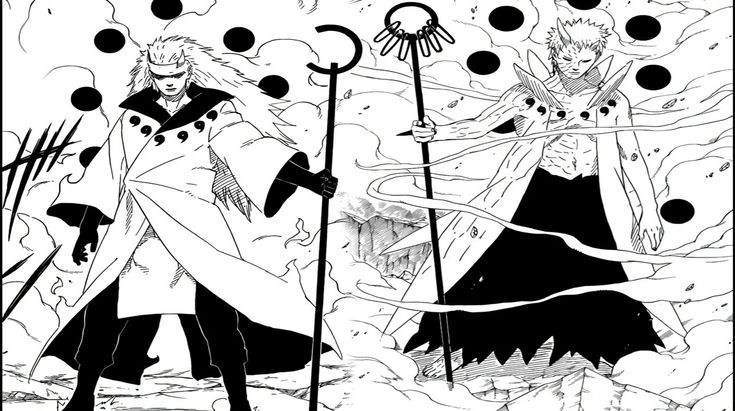 two anime characters standing next to each other in front of black and white ink circles