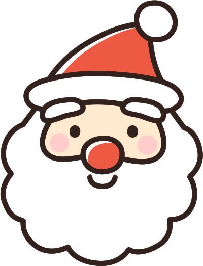 a santa claus face with a red nose and white beard, wearing a christmas hat