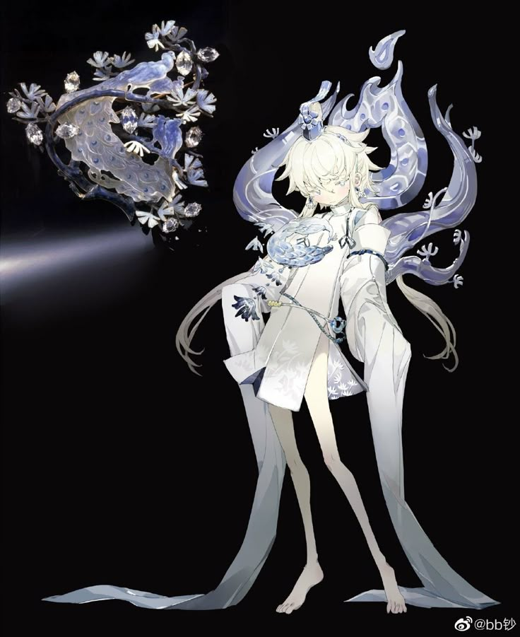 an anime character with long white hair and blue eyes, standing in front of a black background