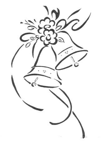 a black and white drawing of a bell with flowers