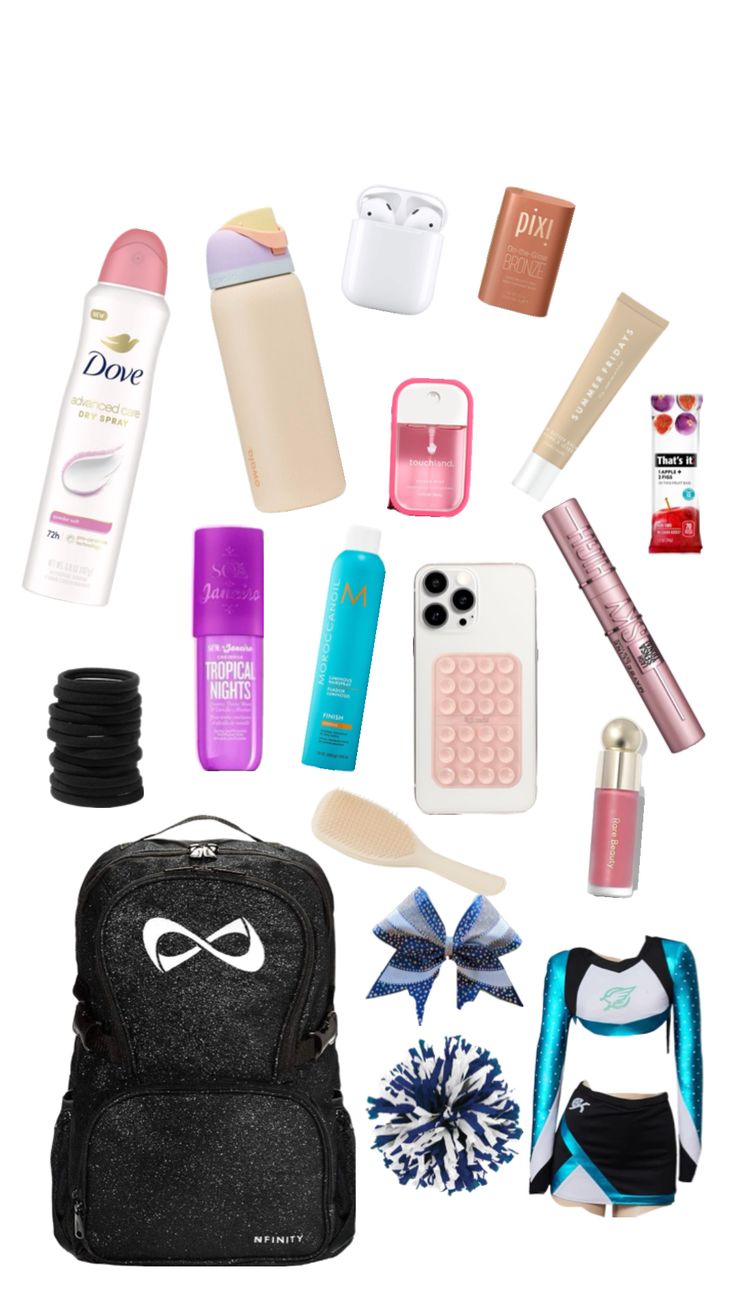 What to pack in your cheer bag! 📣🥳 Cheer Backpack, Cheer Makeup, Cheer Bag, Cheer Camp, After School Routine, School Bag Essentials, All Star Cheer, Competitive Cheer, Cheer Outfits