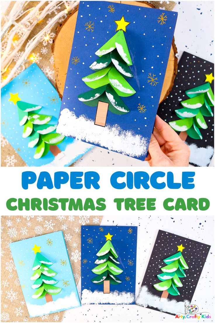 paper circle christmas tree card is shown with the instructions to make it and then cut out