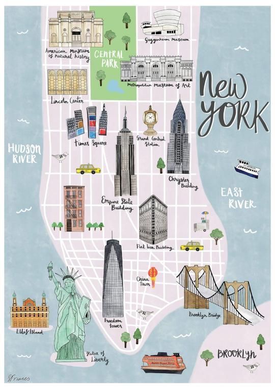 the new york city map is shown in this hand drawn illustration, with buildings and landmarks