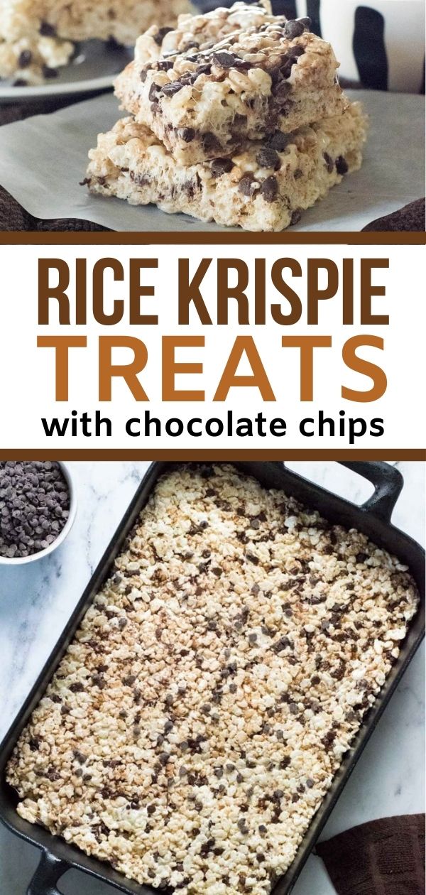 rice krispie treats with chocolate chips on top and in the background, there is a baking pan full of rice krispies