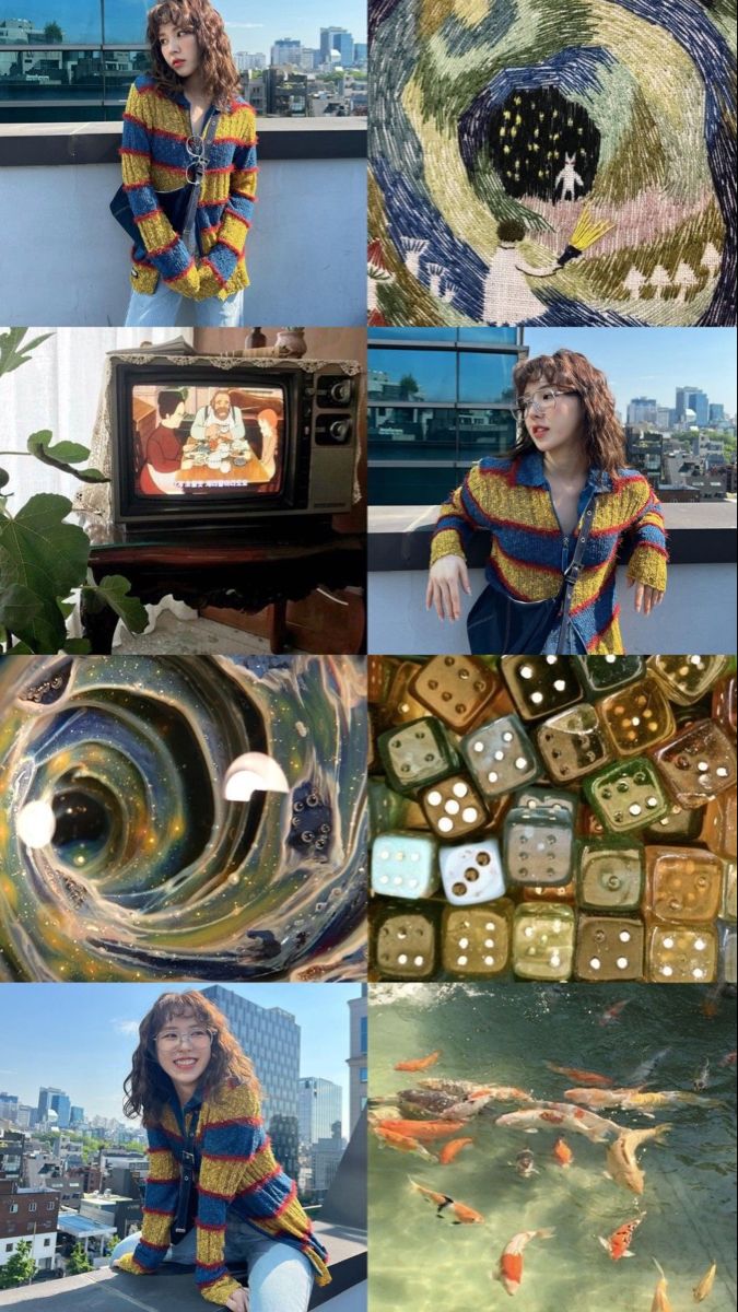 a collage of photos with many different things in the photo and one woman sitting on top