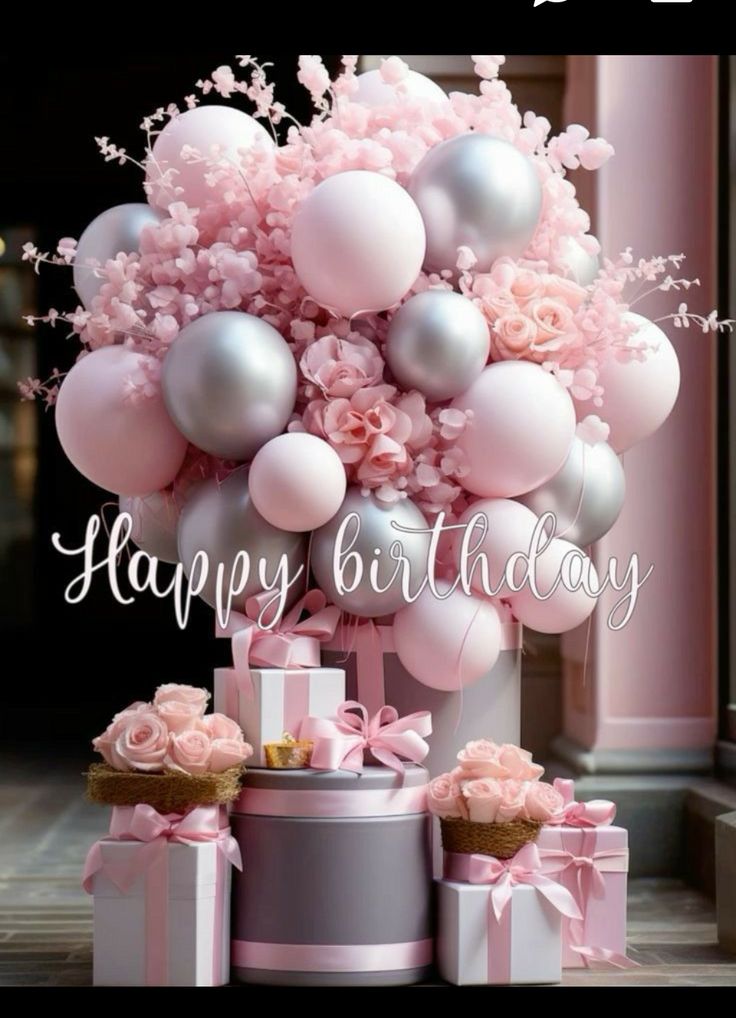 a birthday card with pink flowers and balloons