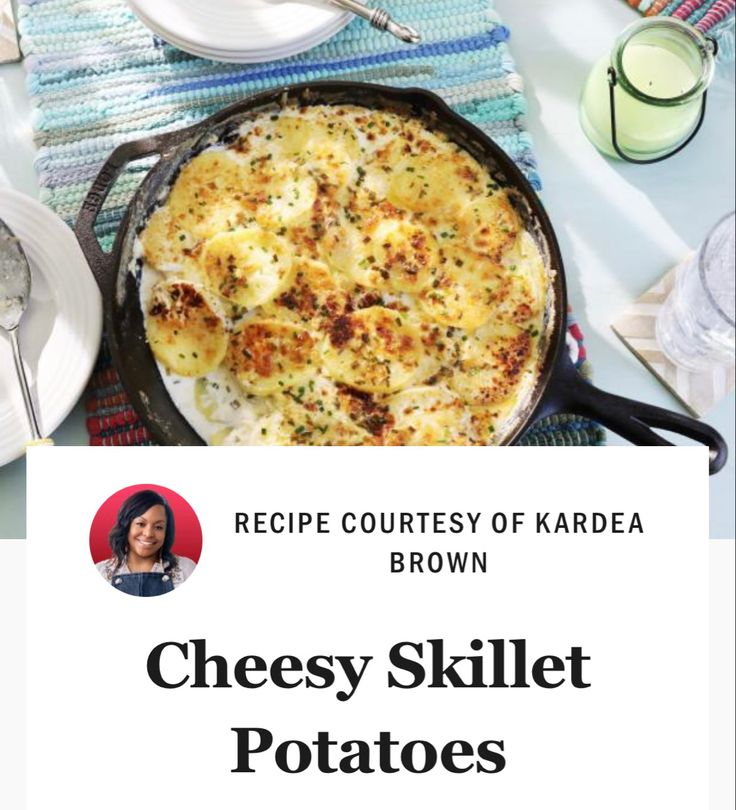 cheese skillet potatoes on a table with the title recipe country of kardaa brown