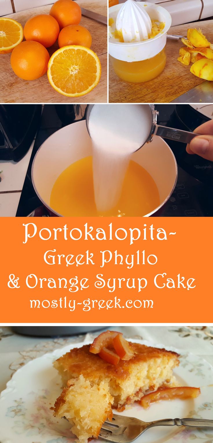 oranges and other fruit are being used to make greek phylic & orange syrup cake