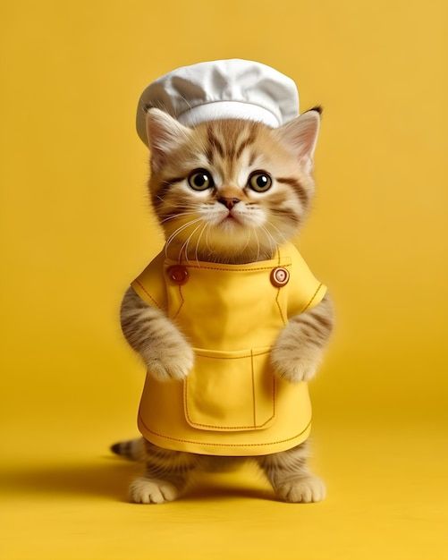 a small kitten wearing a chef's hat and yellow dress, standing on its hind legs