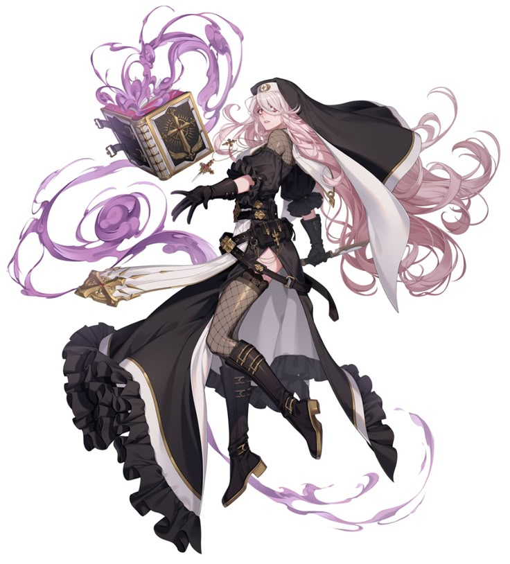 an anime character with long white hair and black clothes, holding a book in her hand